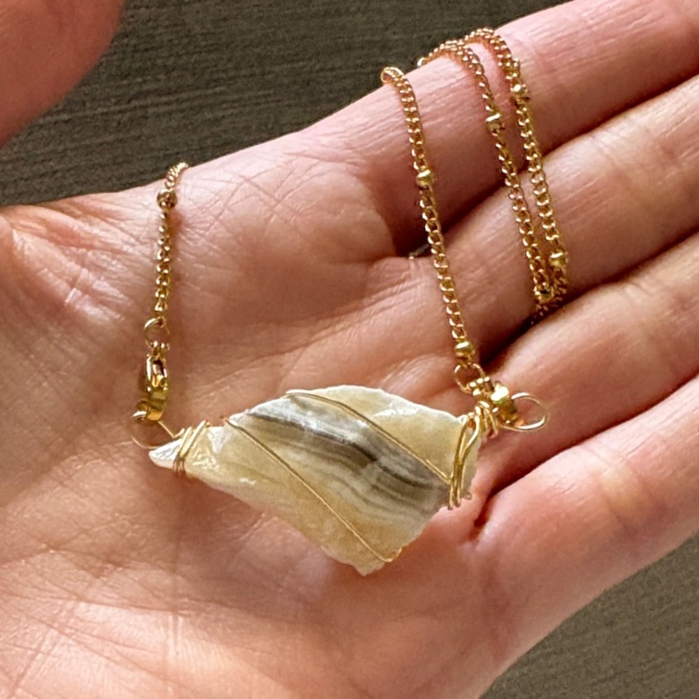 Zebra Calcite raw necklace with 16” bead gold plated chain